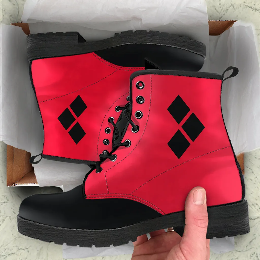 Red Black Boots 3-Diamond Design Combat Style (Size EU41 / Women's 10 / Men's Size 7