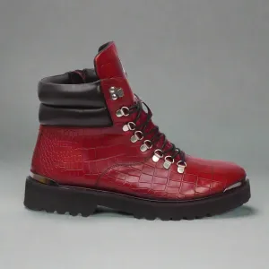 RED CROC LEATHER LACE UP  BOOTS WITH METAL PLATES - CHELSEA BOOTS