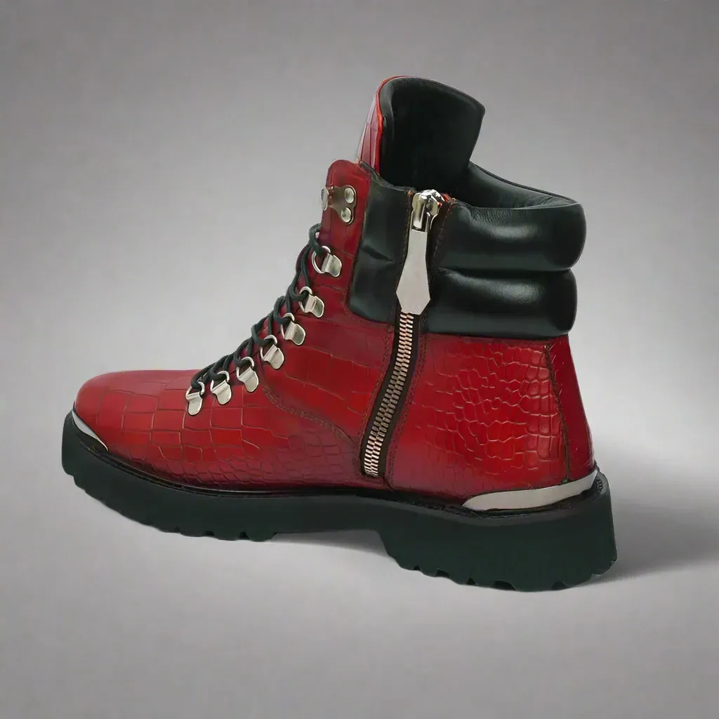RED CROC LEATHER LACE UP  BOOTS WITH METAL PLATES - CHELSEA BOOTS