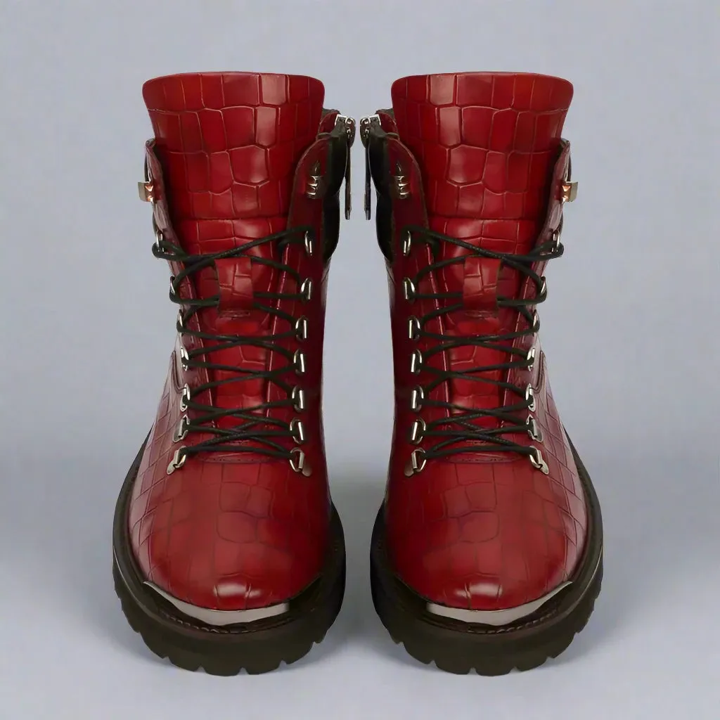 RED CROC LEATHER LACE UP  BOOTS WITH METAL PLATES - CHELSEA BOOTS