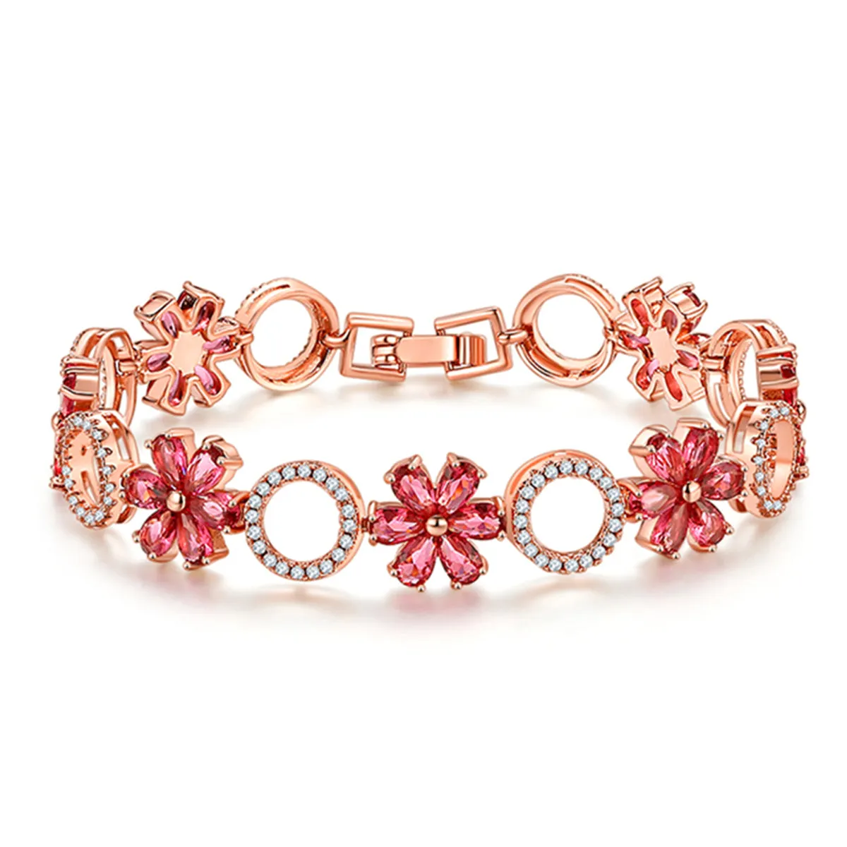 Red Crystal & Cubic Zirconia Flower-Link Bracelet