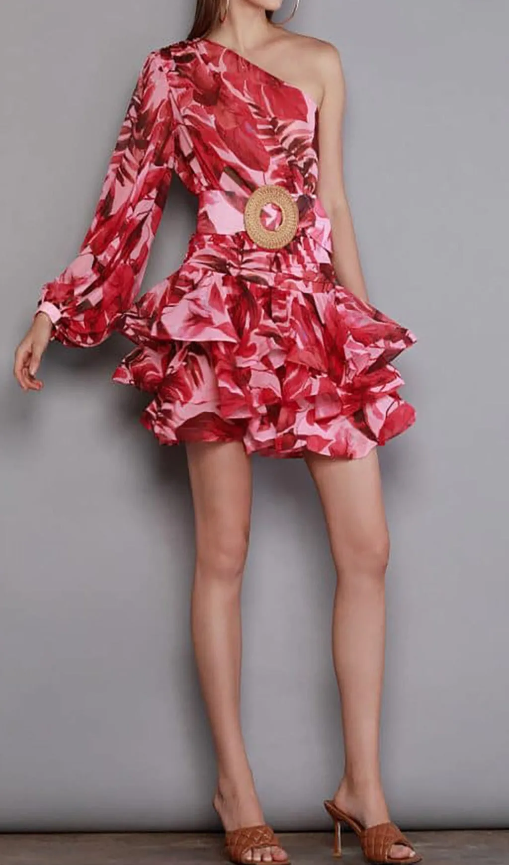 Red Diagonal Collar Floral Print Mini Dress