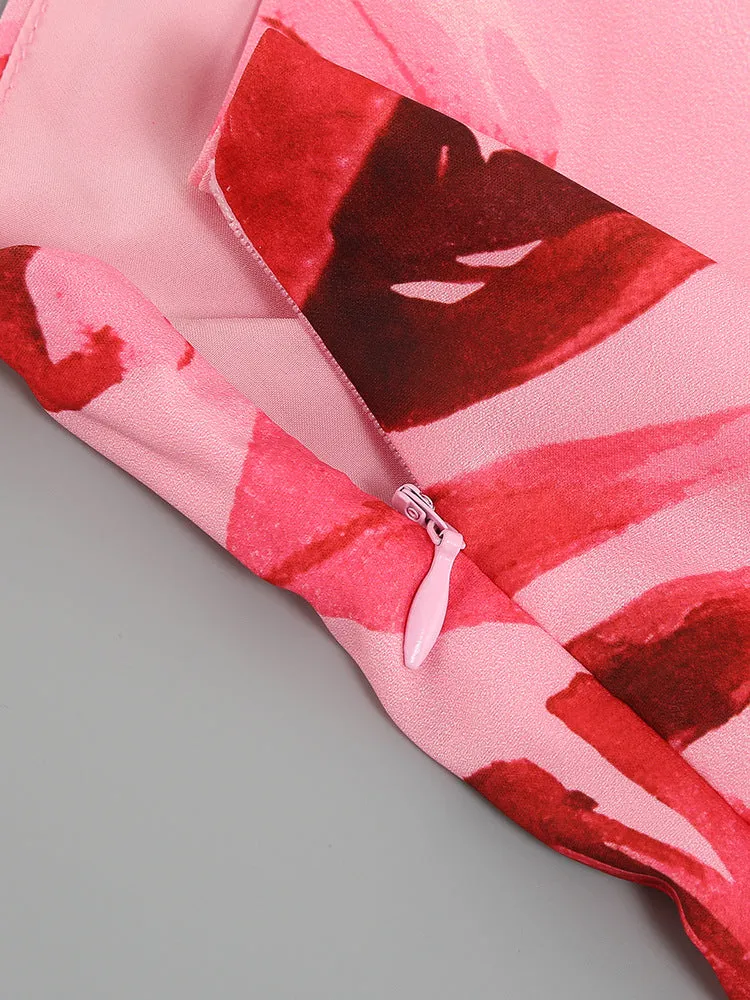 Red Diagonal Collar Floral Print Mini Dress