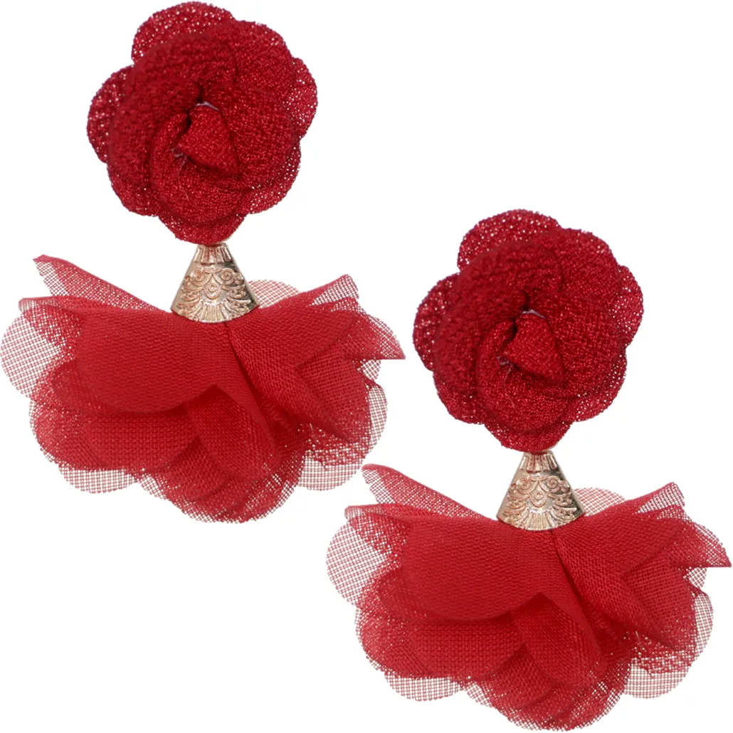 Red Floral Nylon Dangle Earrings