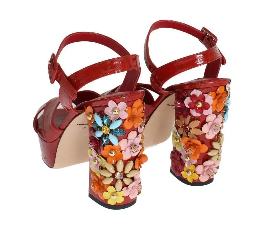 Red Leather Crystal Strap Sandals