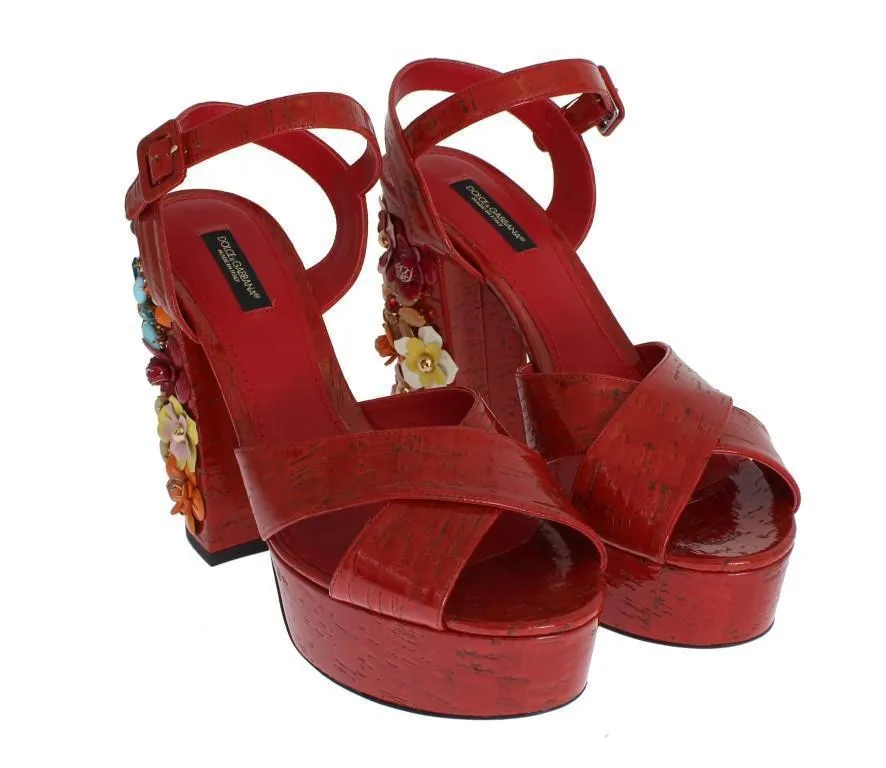 Red Leather Crystal Strap Sandals
