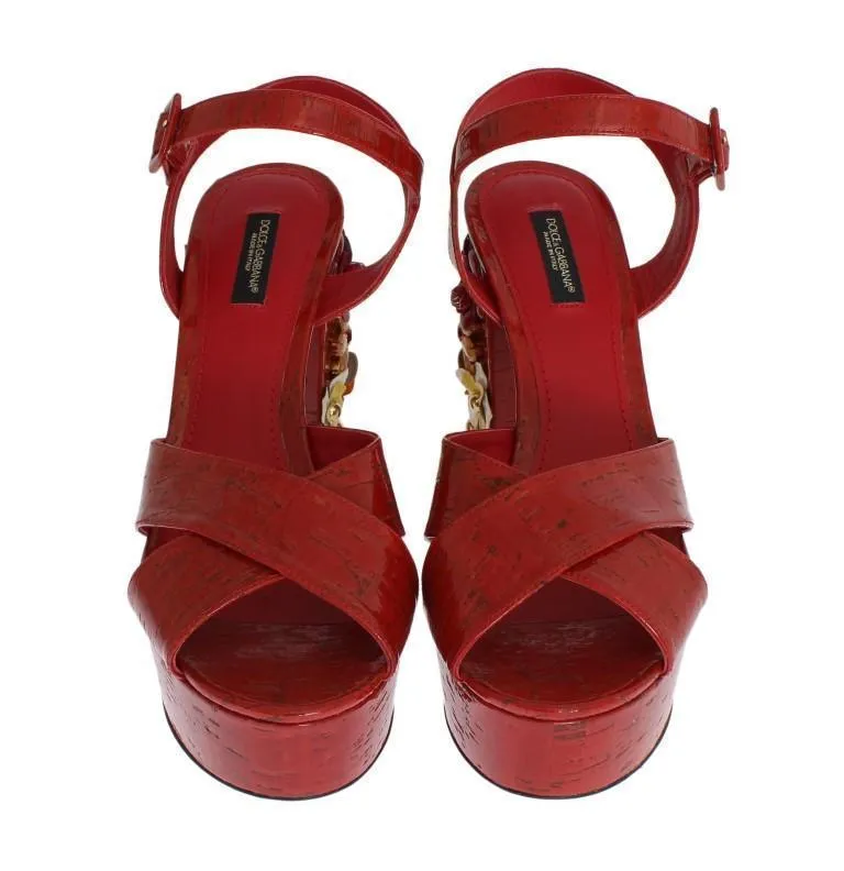 Red Leather Crystal Strap Sandals