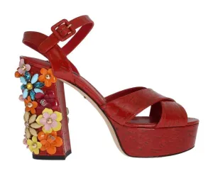 Red Leather Crystal Strap Sandals