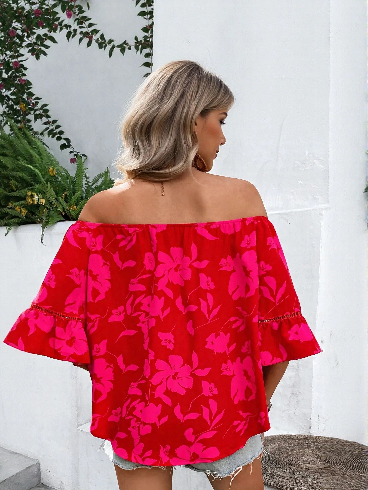 Red Printed Off Shoulder Top