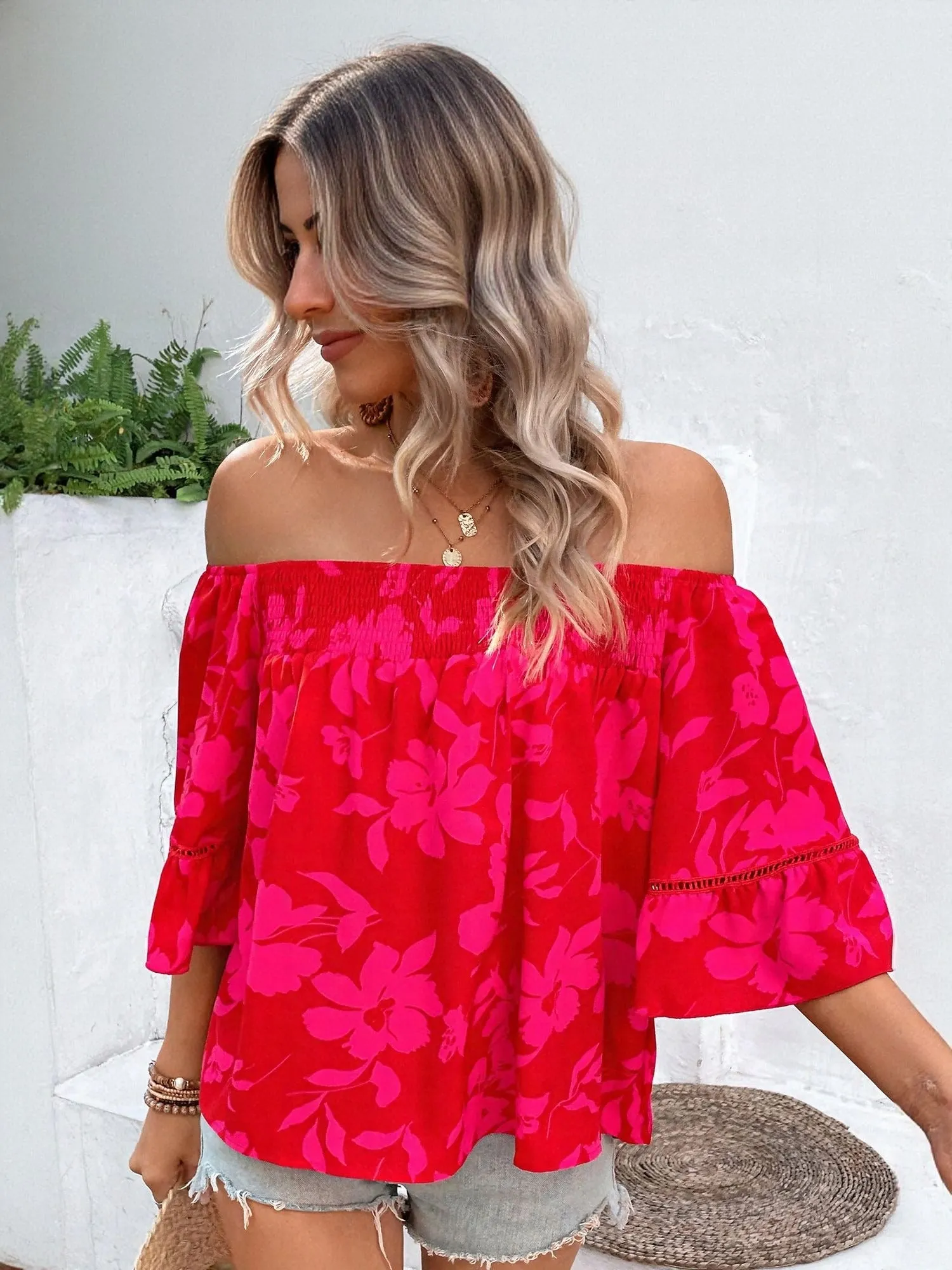 Red Printed Off Shoulder Top