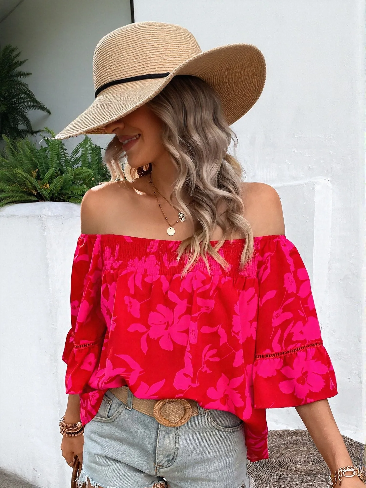 Red Printed Off Shoulder Top
