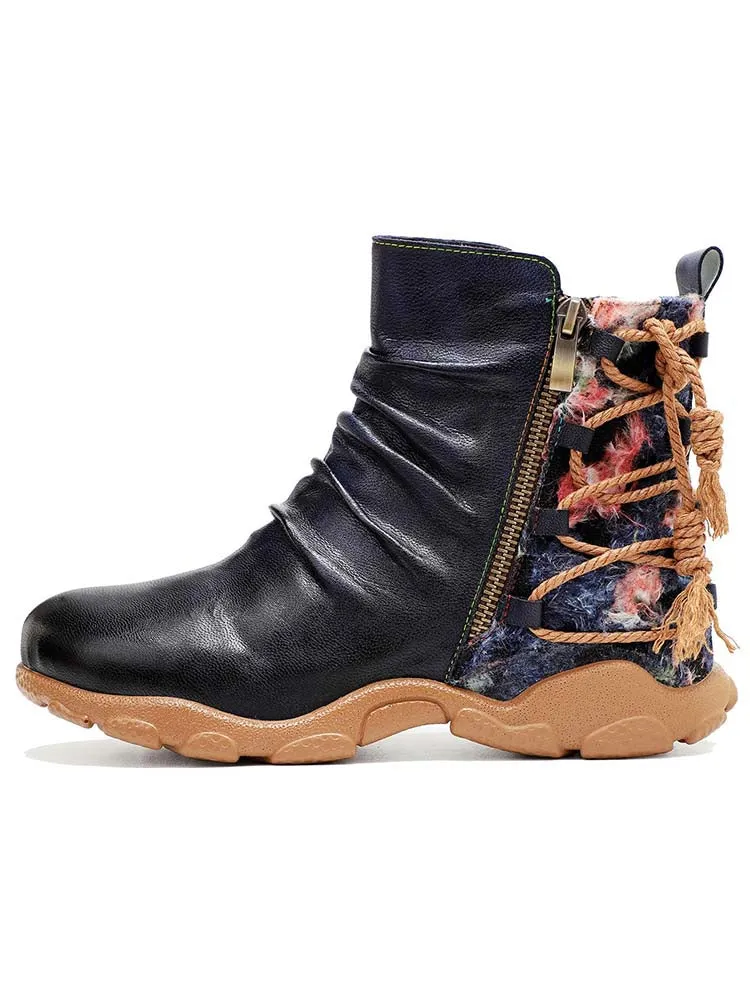 Retro Handmade Leather Strap Warm Ankle Boots