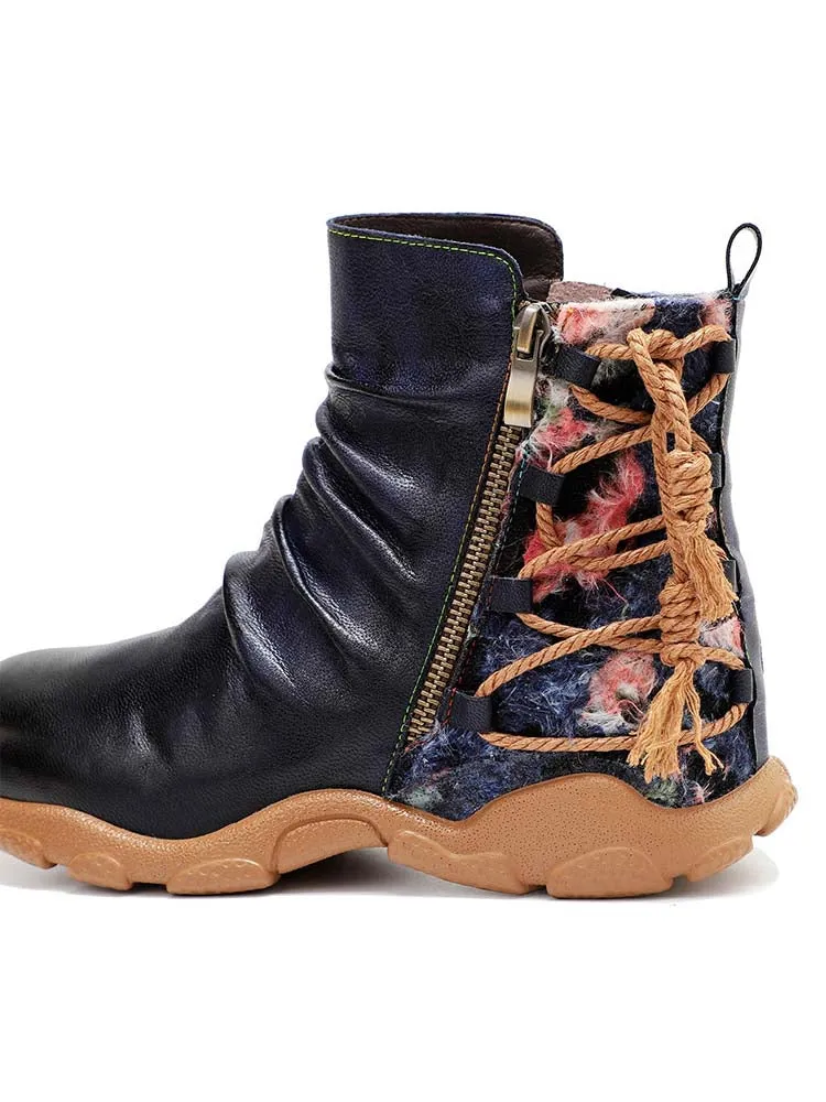 Retro Handmade Leather Strap Warm Ankle Boots