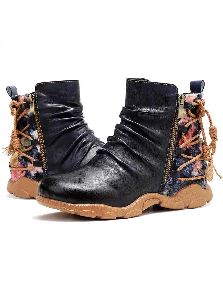 Retro Handmade Leather Strap Warm Ankle Boots