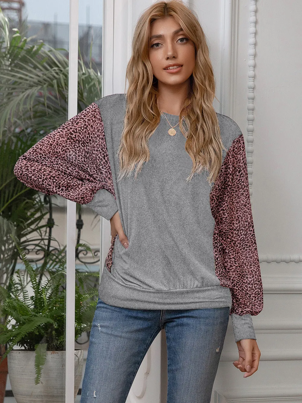 Rhodes Leopard Print Round Neck Dolman Sleeve Blouse