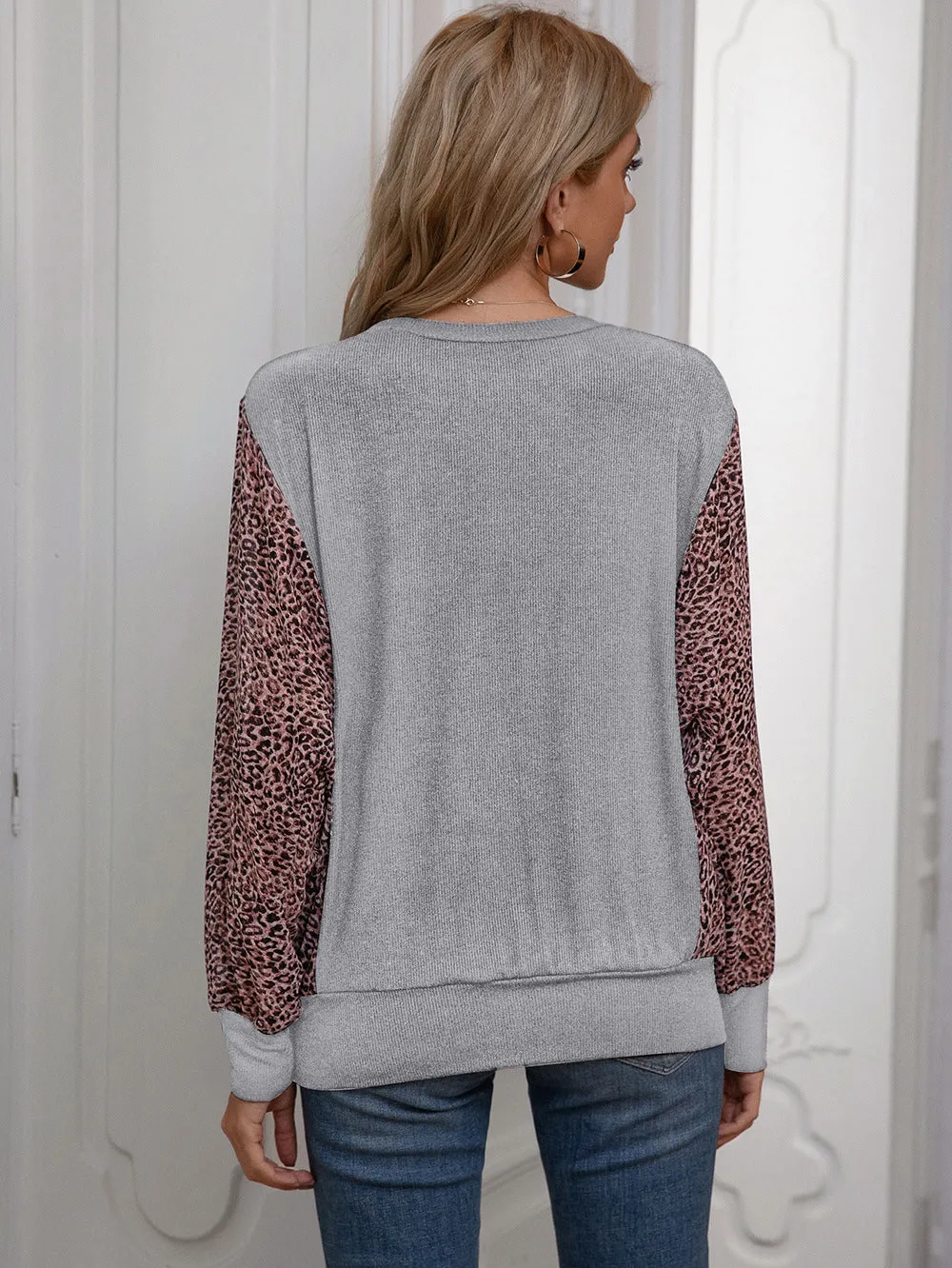 Rhodes Leopard Print Round Neck Dolman Sleeve Blouse