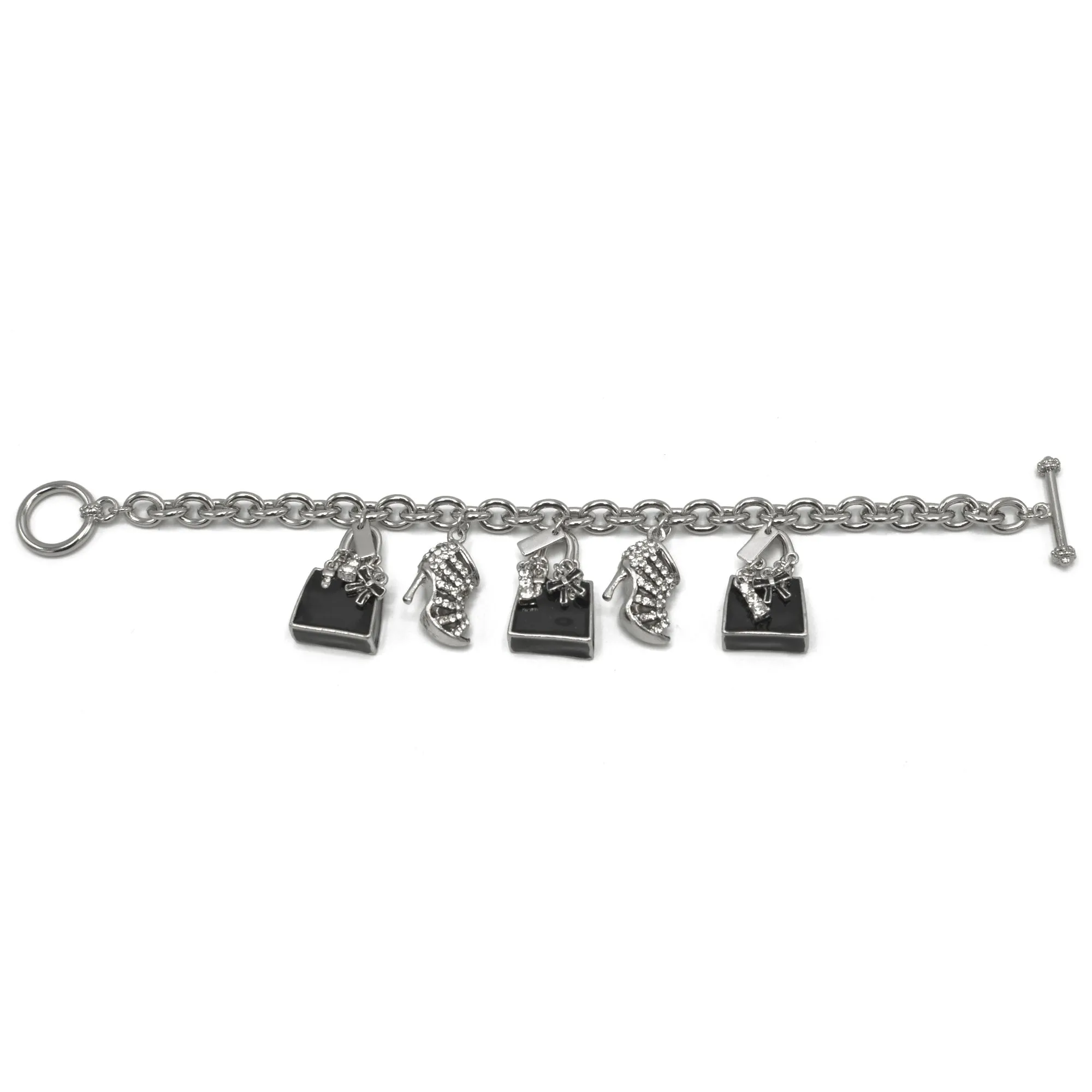 Rhodium Crystal Shoe and Hand Bag Charm Bracelet #HNB90888RDBK(JF8)