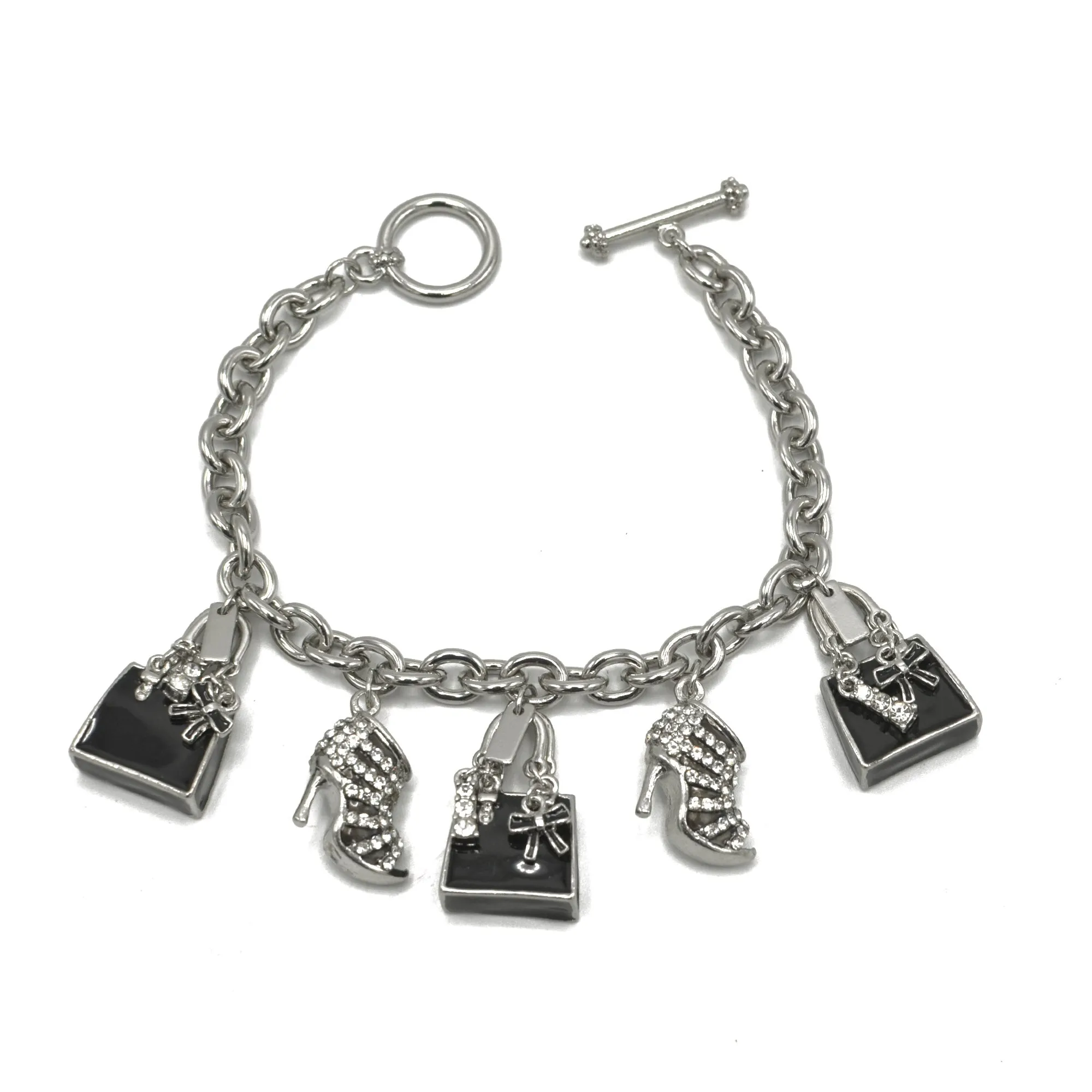 Rhodium Crystal Shoe and Hand Bag Charm Bracelet #HNB90888RDBK(JF8)