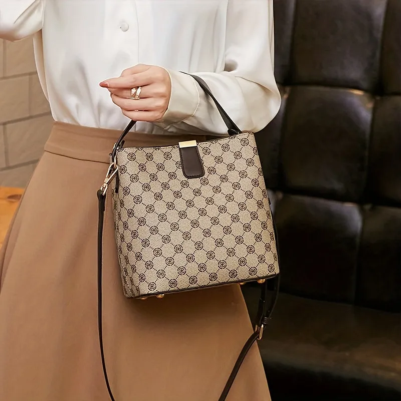 Rhombus Pattern Bucket Bag, Vintage Zipper Crossbody Bag, Women's Every Day Handbags