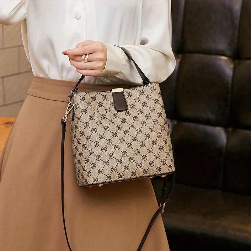 Rhombus Pattern Bucket Bag, Vintage Zipper Crossbody Bag, Women's Every Day Handbags
