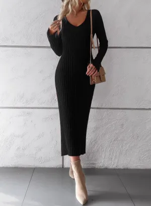 Ribbed Knit Long Sleeve Midi Dress