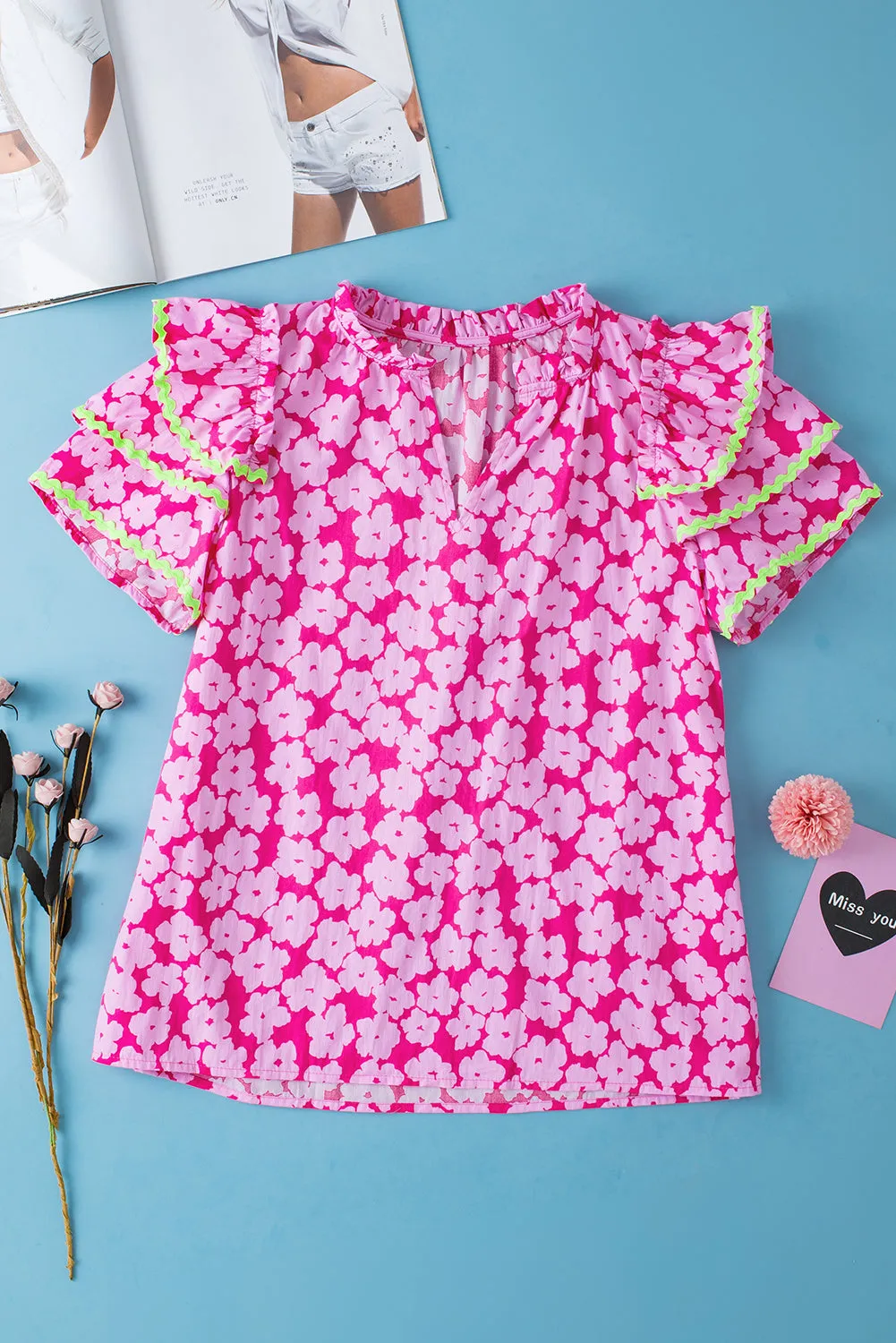 Ric Rac Layered Ruffle Sleeve Blouse