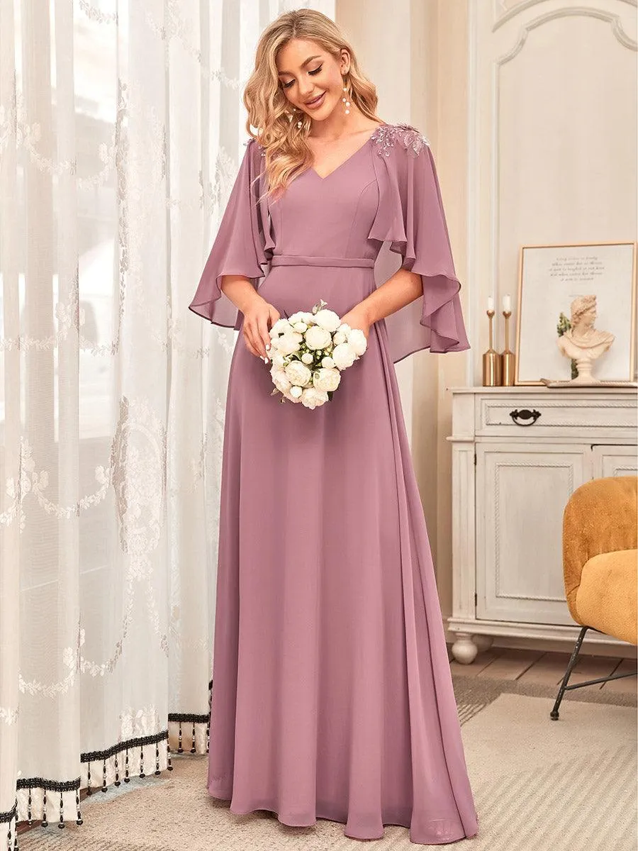 Robe de Demoiselle d'Honneur élégante en Mousseline à Col en V(Vente finale)