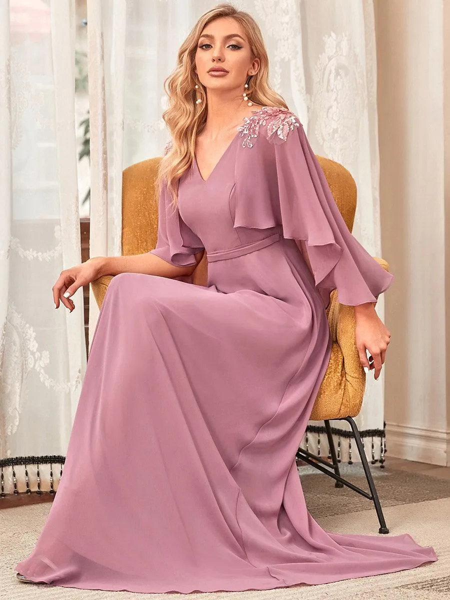 Robe de Demoiselle d'Honneur élégante en Mousseline à Col en V(Vente finale)
