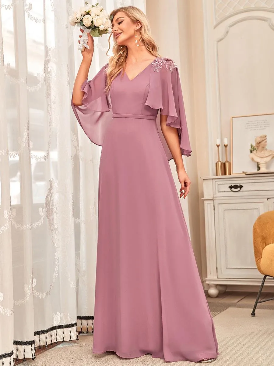 Robe de Demoiselle d'Honneur élégante en Mousseline à Col en V(Vente finale)