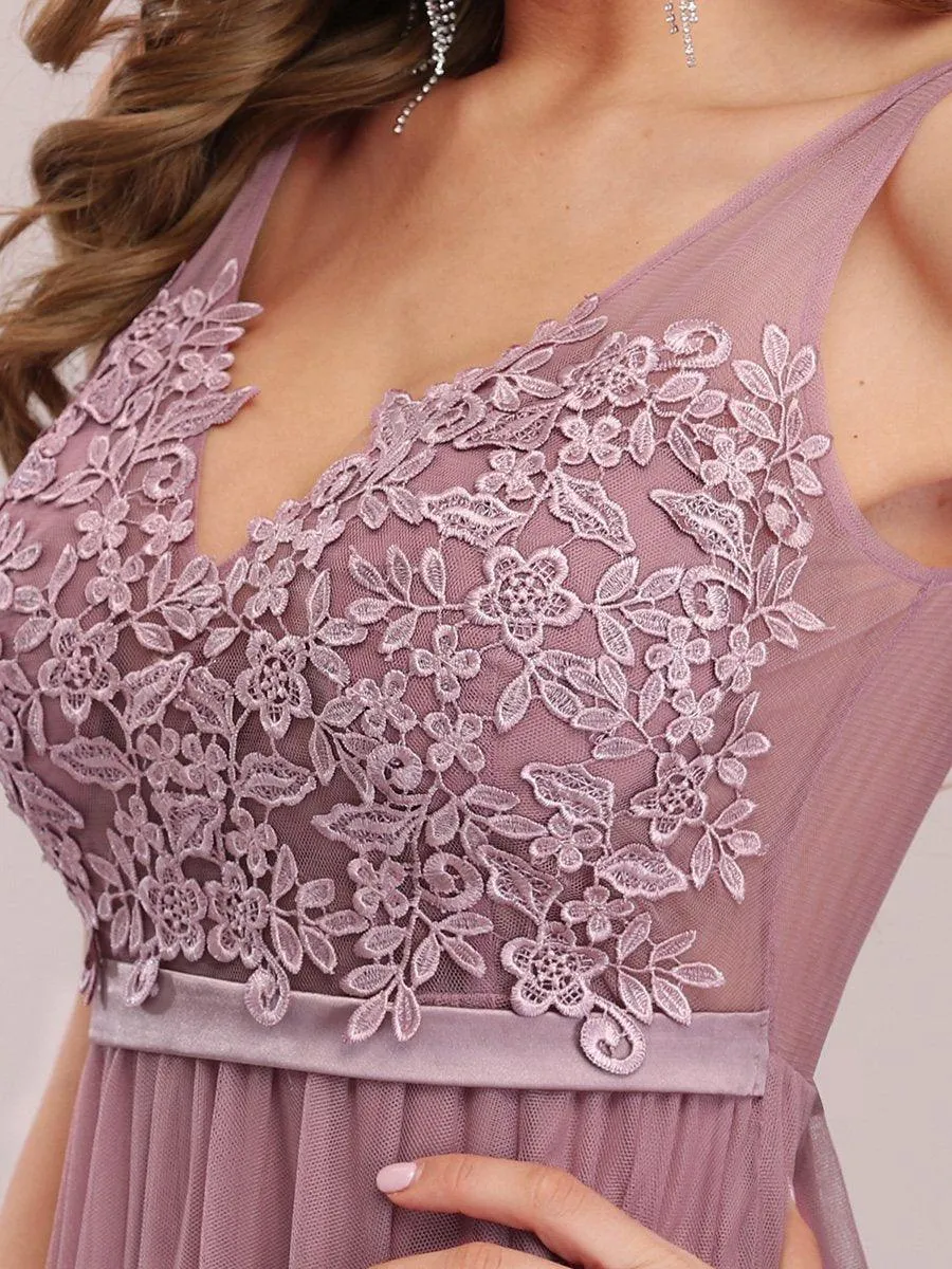 Robe Demoiselle d'Honneur Longue en Dentelle Florale à Col en V(Vente finale)