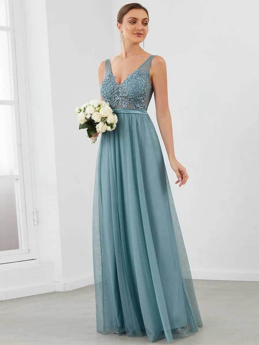 Robe Demoiselle d'Honneur Longue en Dentelle Florale à Col en V(Vente finale)