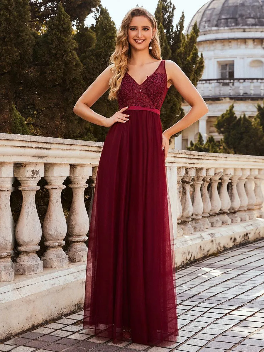 Robe Demoiselle d'Honneur Longue en Dentelle Florale à Col en V(Vente finale)