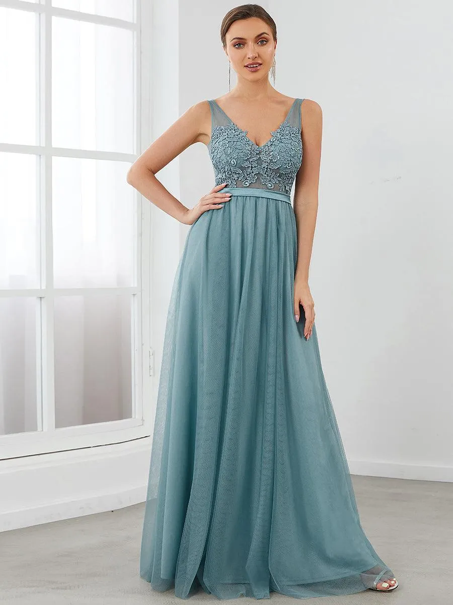 Robe Demoiselle d'Honneur Longue en Dentelle Florale à Col en V(Vente finale)