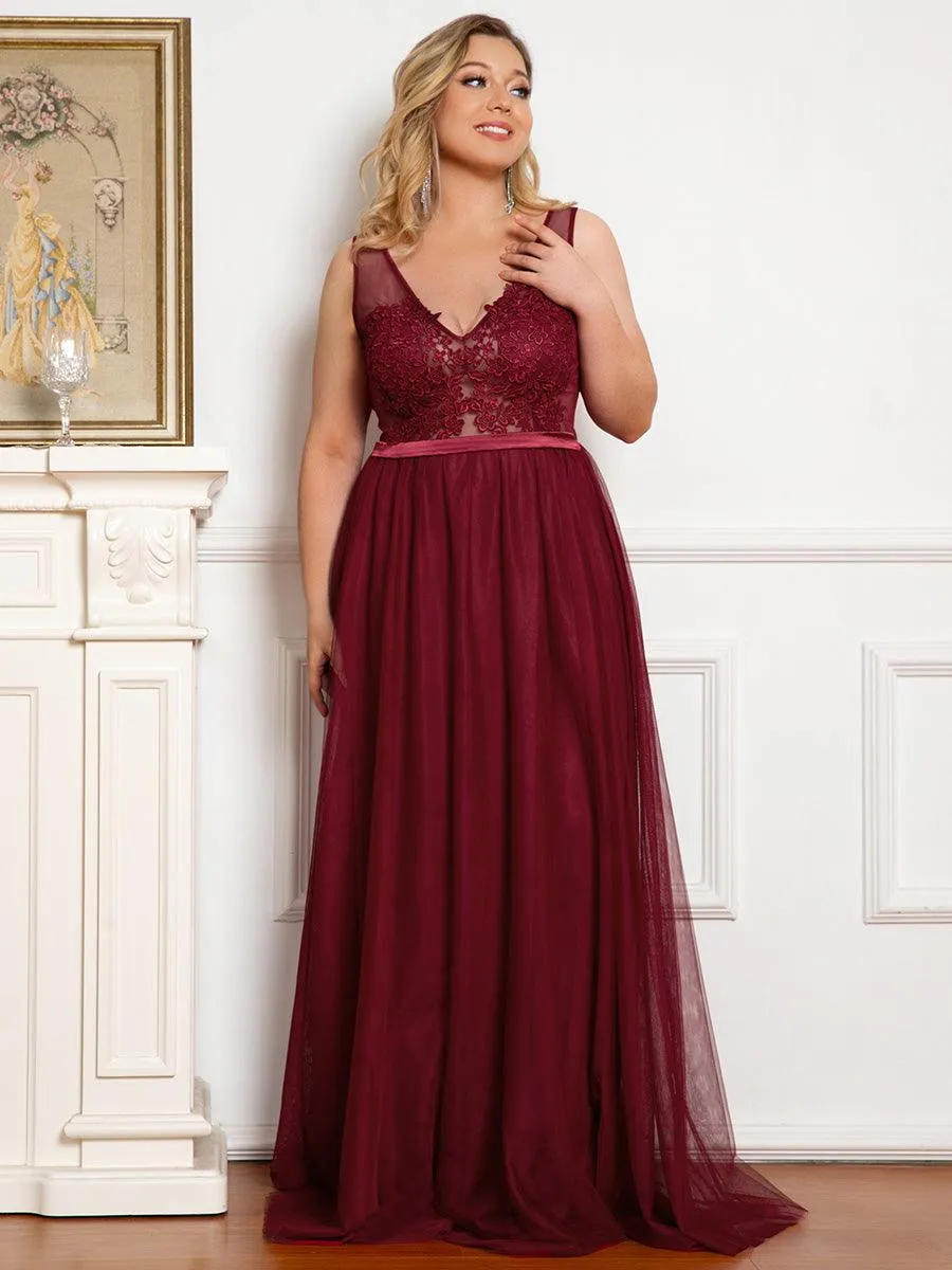 Robe Demoiselle d'Honneur Longue en Dentelle Florale à Col en V(Vente finale)