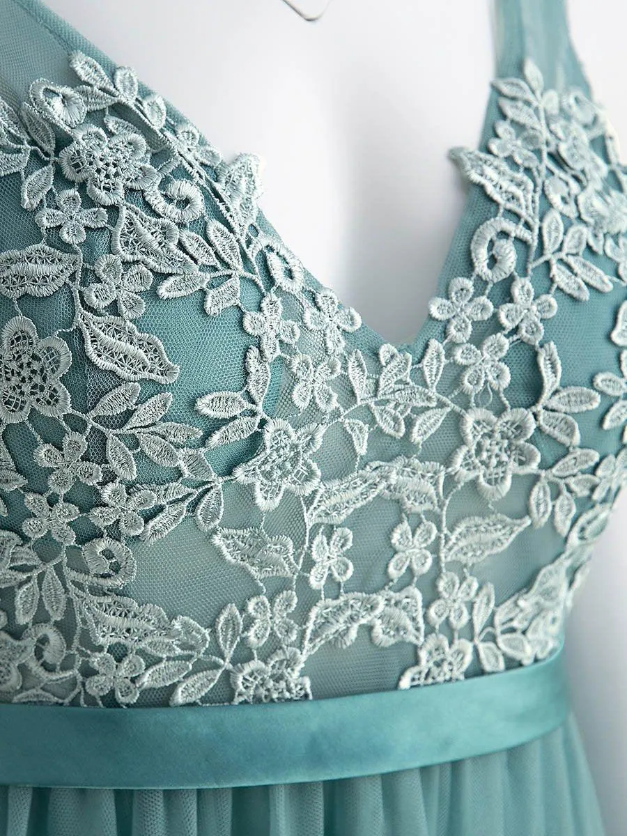 Robe Demoiselle d'Honneur Longue en Dentelle Florale à Col en V(Vente finale)