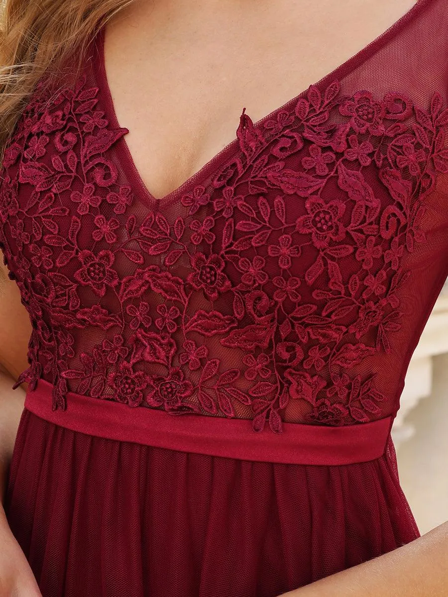 Robe Demoiselle d'Honneur Longue en Dentelle Florale à Col en V(Vente finale)