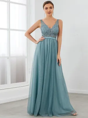 Robe Demoiselle d'Honneur Longue en Dentelle Florale à Col en V(Vente finale)
