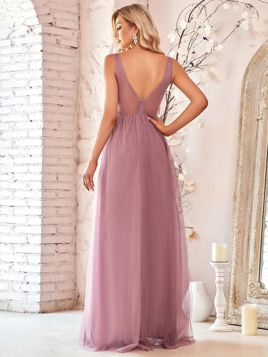 Robe Demoiselle d'Honneur Longue en Dentelle Florale à Col en V(Vente finale)
