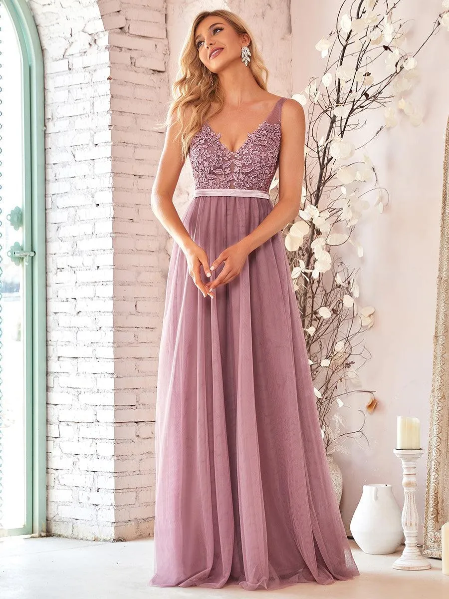 Robe Demoiselle d'Honneur Longue en Dentelle Florale à Col en V(Vente finale)