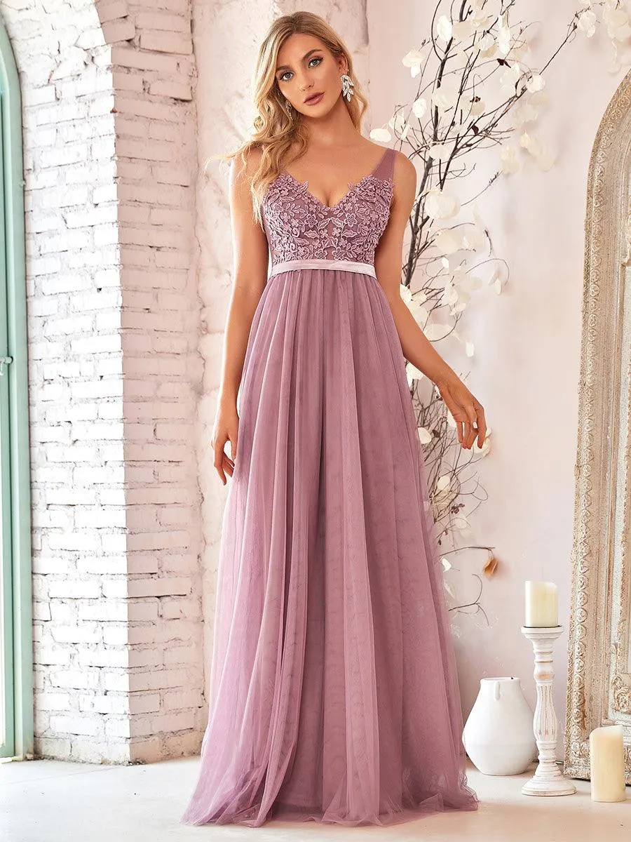 Robe Demoiselle d'Honneur Longue en Dentelle Florale à Col en V(Vente finale)