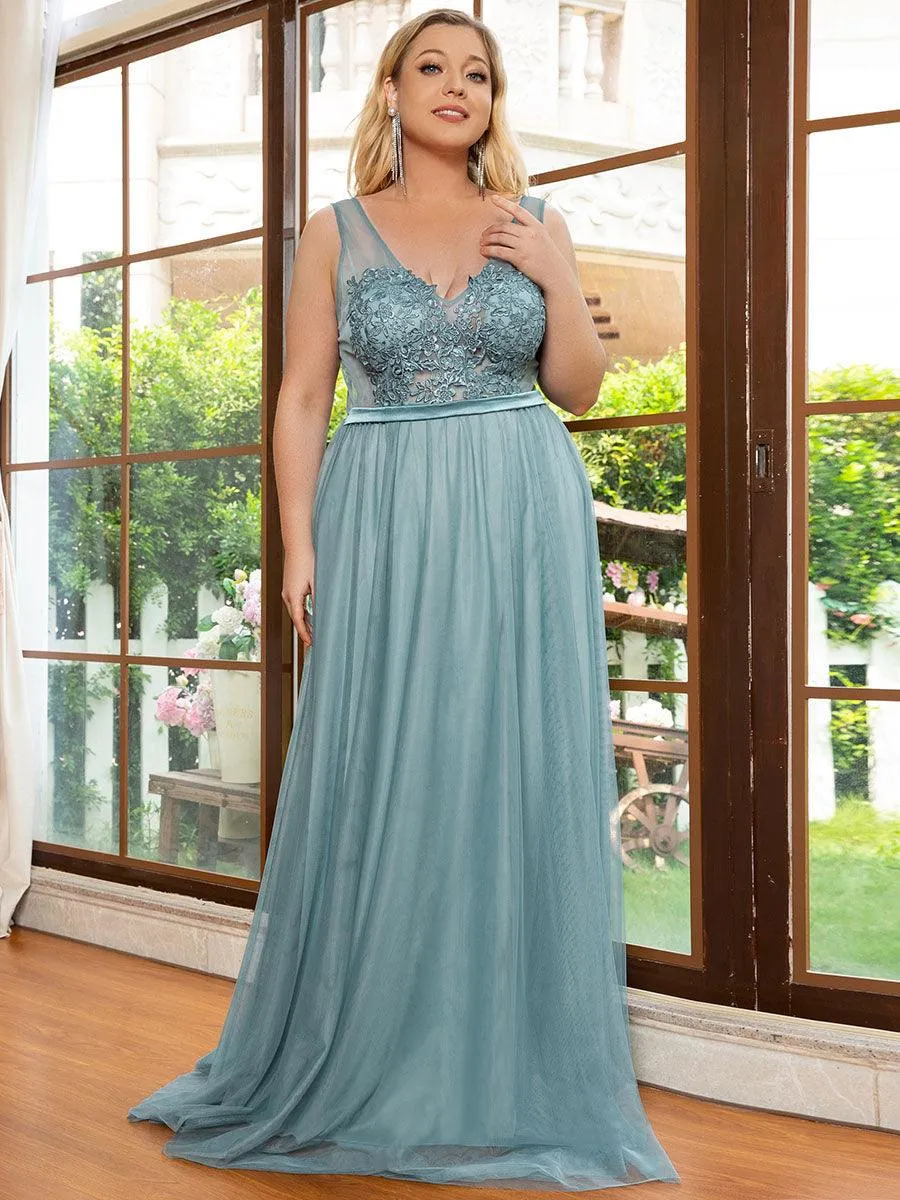 Robe Demoiselle d'Honneur Longue en Dentelle Florale à Col en V(Vente finale)