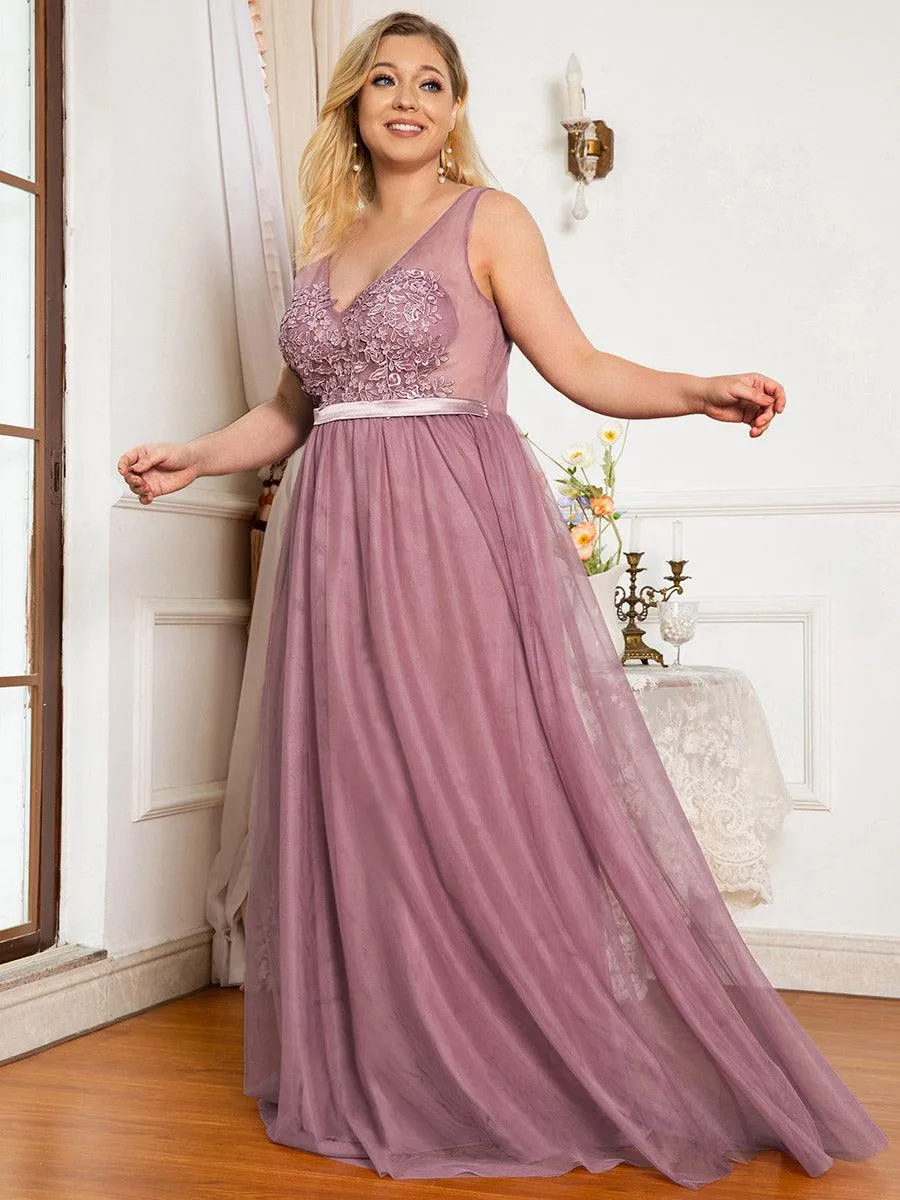 Robe Demoiselle d'Honneur Longue en Dentelle Florale à Col en V(Vente finale)