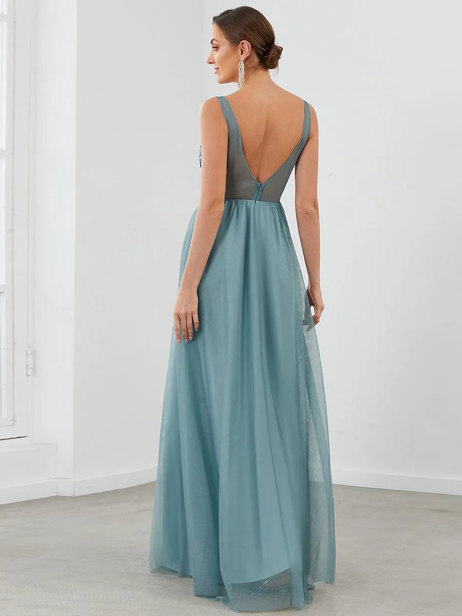 Robe Demoiselle d'Honneur Longue en Dentelle Florale à Col en V(Vente finale)