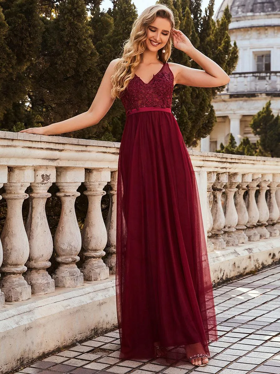 Robe Demoiselle d'Honneur Longue en Dentelle Florale à Col en V(Vente finale)