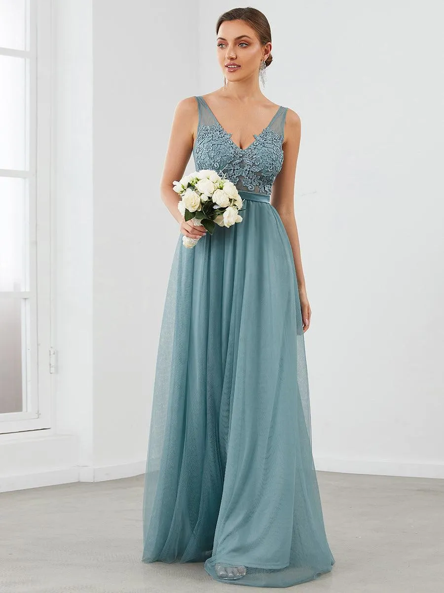 Robe Demoiselle d'Honneur Longue en Dentelle Florale à Col en V(Vente finale)