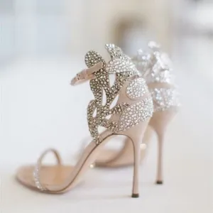 Romantic Women Rhinestone Suede Carved Bridal Sandals Ladies Patched Colors Crystal Leaves Cover Heel Gladiator Open toe Shoes