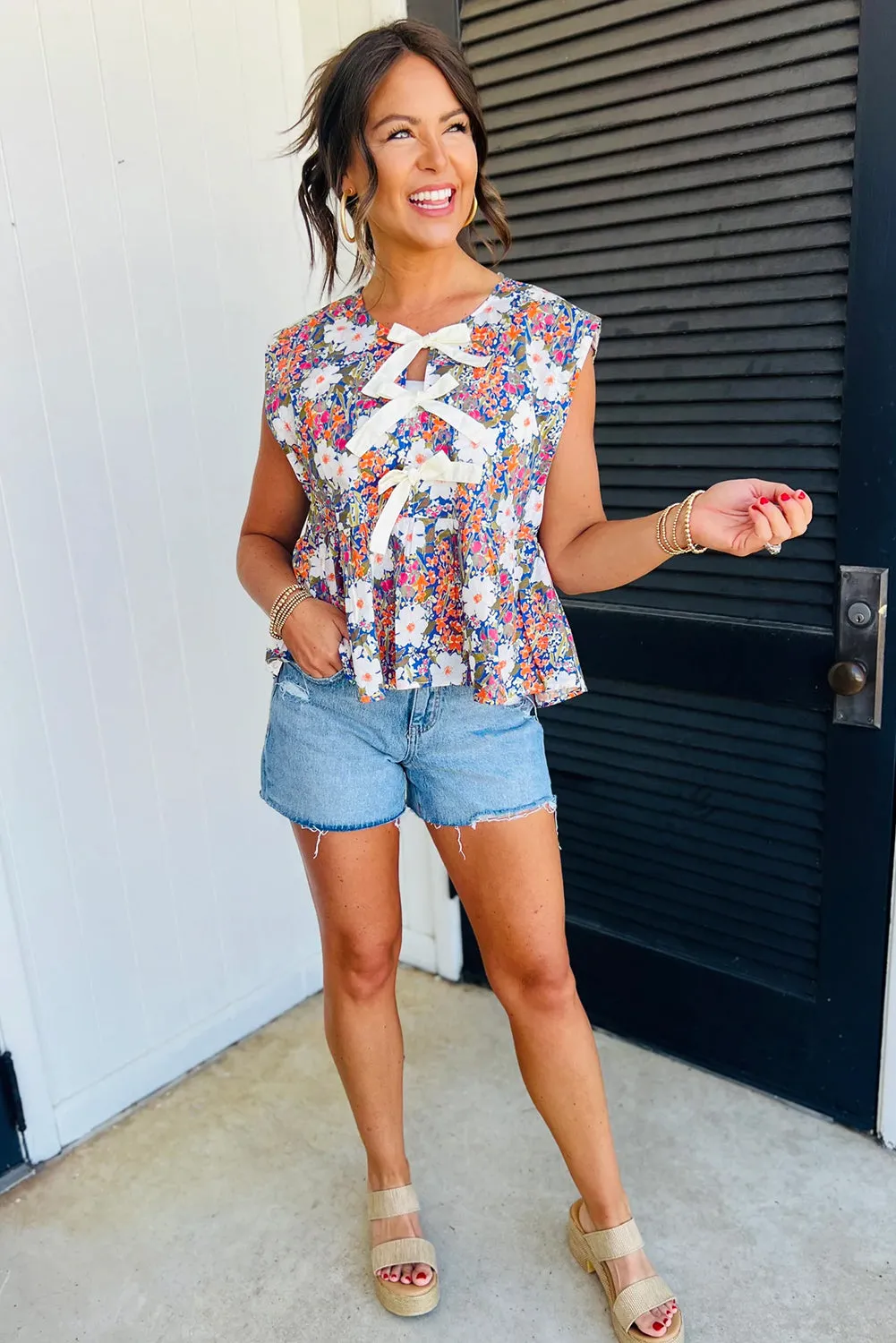 Rose Green Floral Print Bow Applique Slit Sleeveless Peplum Blouse