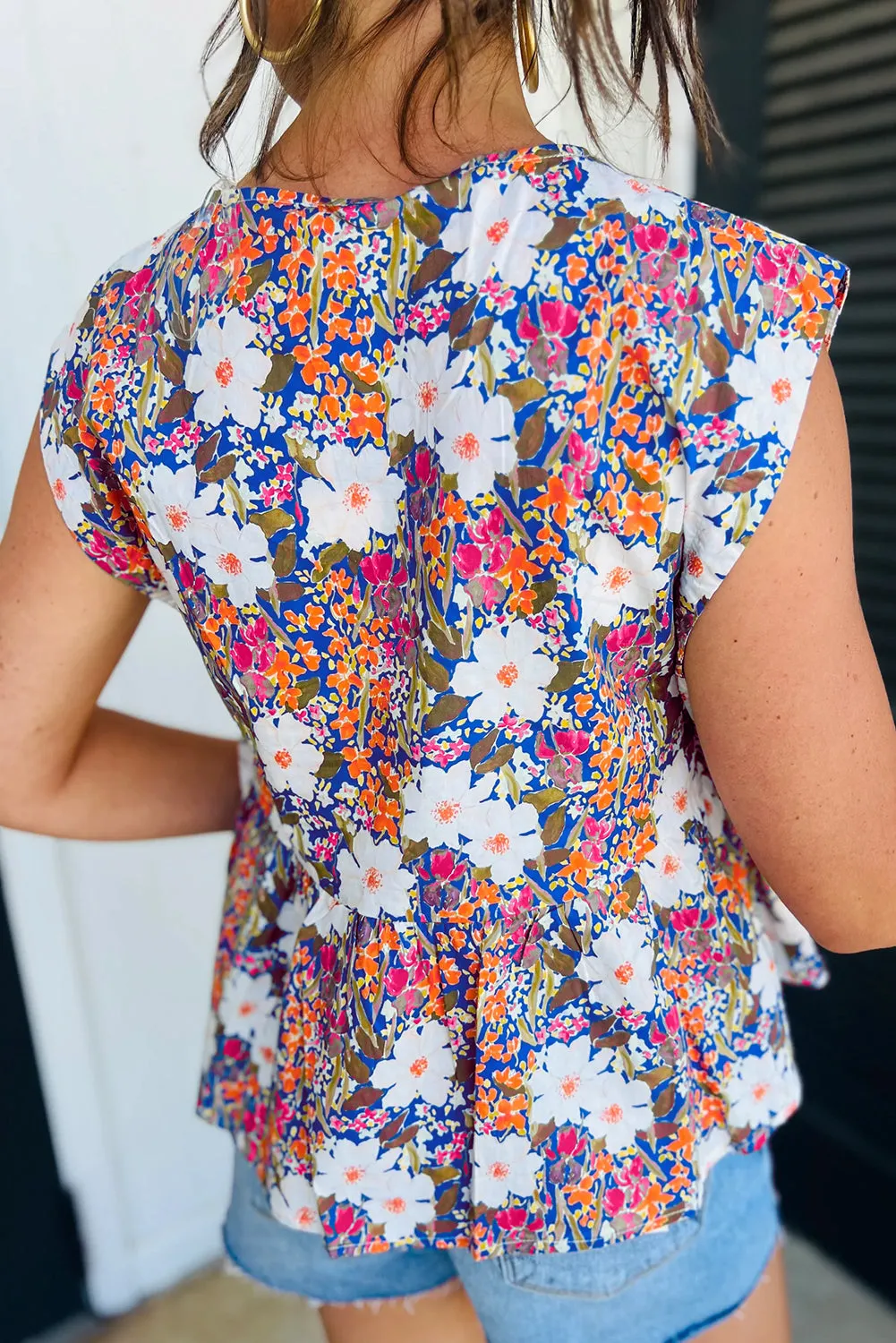 Rose Green Floral Print Bow Applique Slit Sleeveless Peplum Blouse