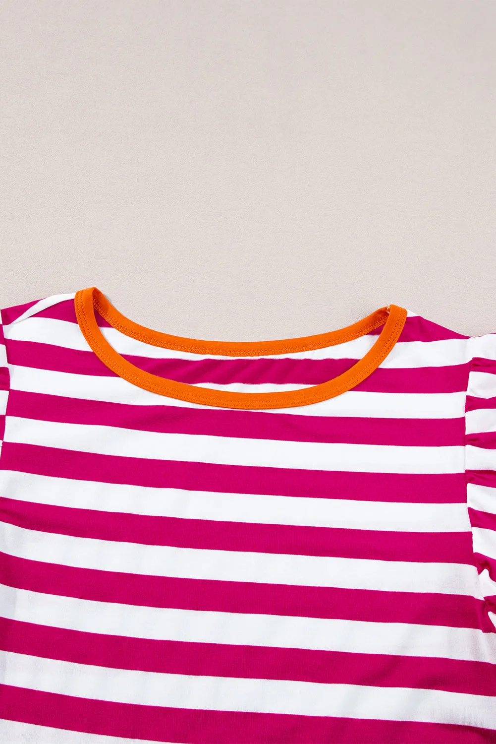 Rose Red Striped Ruffle Sleeve Crew Neck Blouse