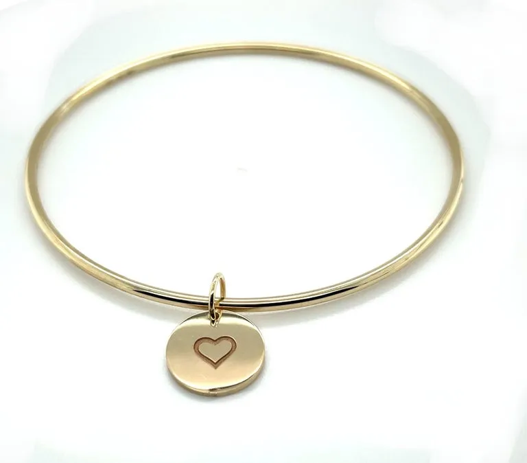 Round Bangle Bracelet with Engravable Charm in 14k Yellow Gold